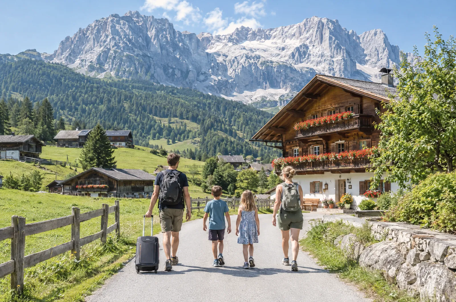 Rodina s kufrem na cestě k penzionu s muškáty v Ramsau am Dachstein, za ním jižní stěna Dachsteinu