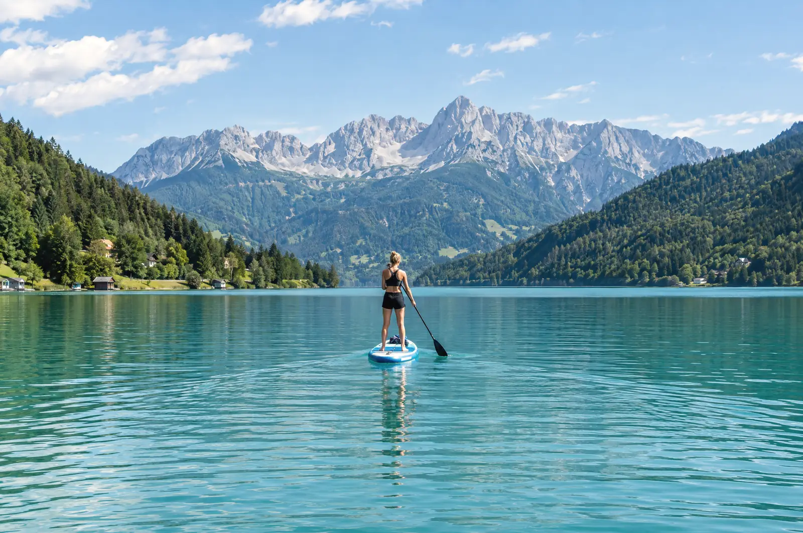 Paddleboardistka na tyrkysovém jezeře, na obzoru skalnatý hřeben