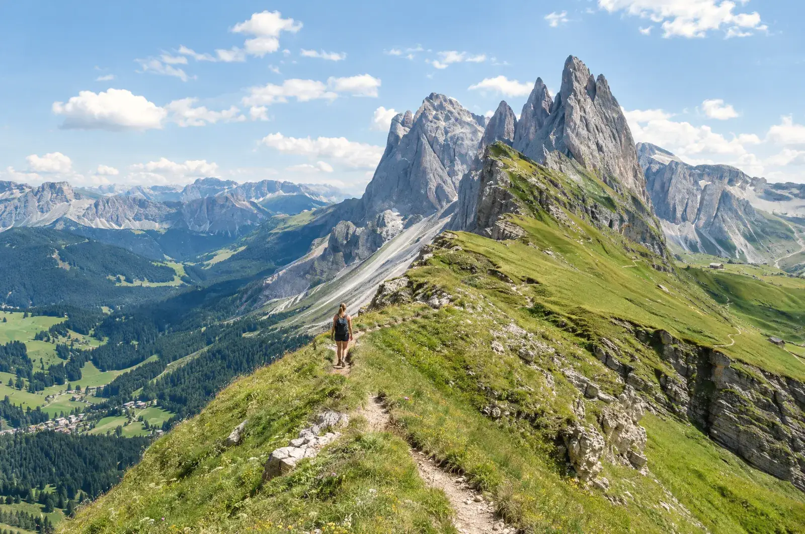 Turistka na hřebeni Seceda nad Val Gardena