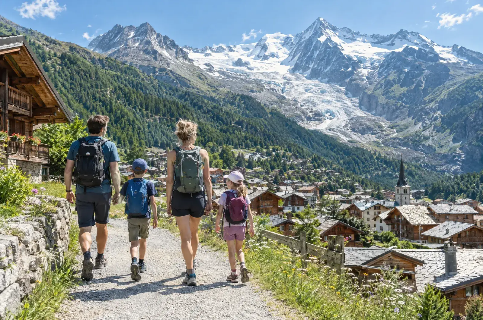 Rodina na cestě nad Saas-Fee, v pozadí ledovec a čtyřtisícovky