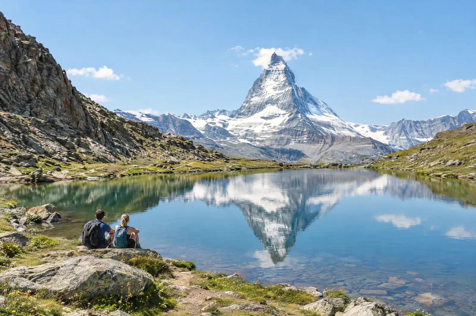 Pár u jezera Riffelsee, ve kterém se zrcadlí Matterhorn