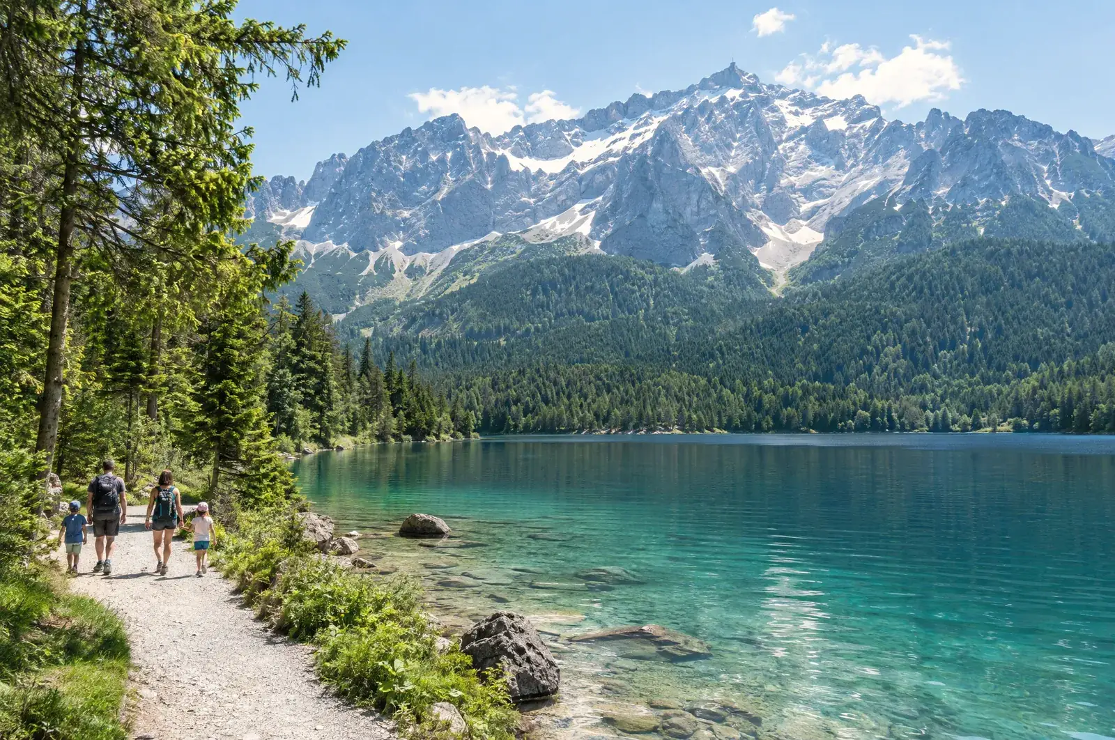 Rodina na břehu jezera Eibsee pod masivem Zugspitze