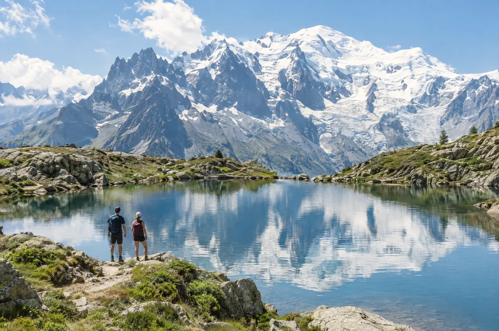 Turisté u jezera Lac Blanc naproti masivu Mont Blanc